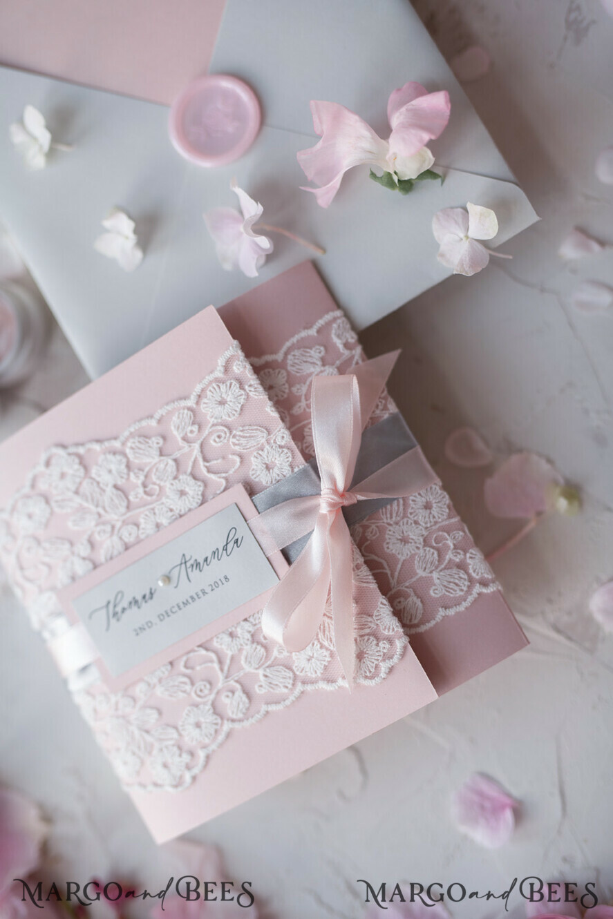 WEDDING INVITATIONS vintage lace/ rustic lace Vintage Lace Wedding Invitations Elegant Invites Grey and Blush Pink