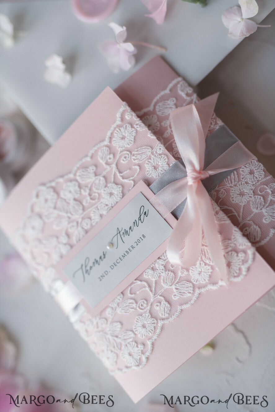 WEDDING INVITATIONS vintage lace/ rustic lace Vintage Lace Wedding Invitations Elegant Invites Grey and Blush Pink