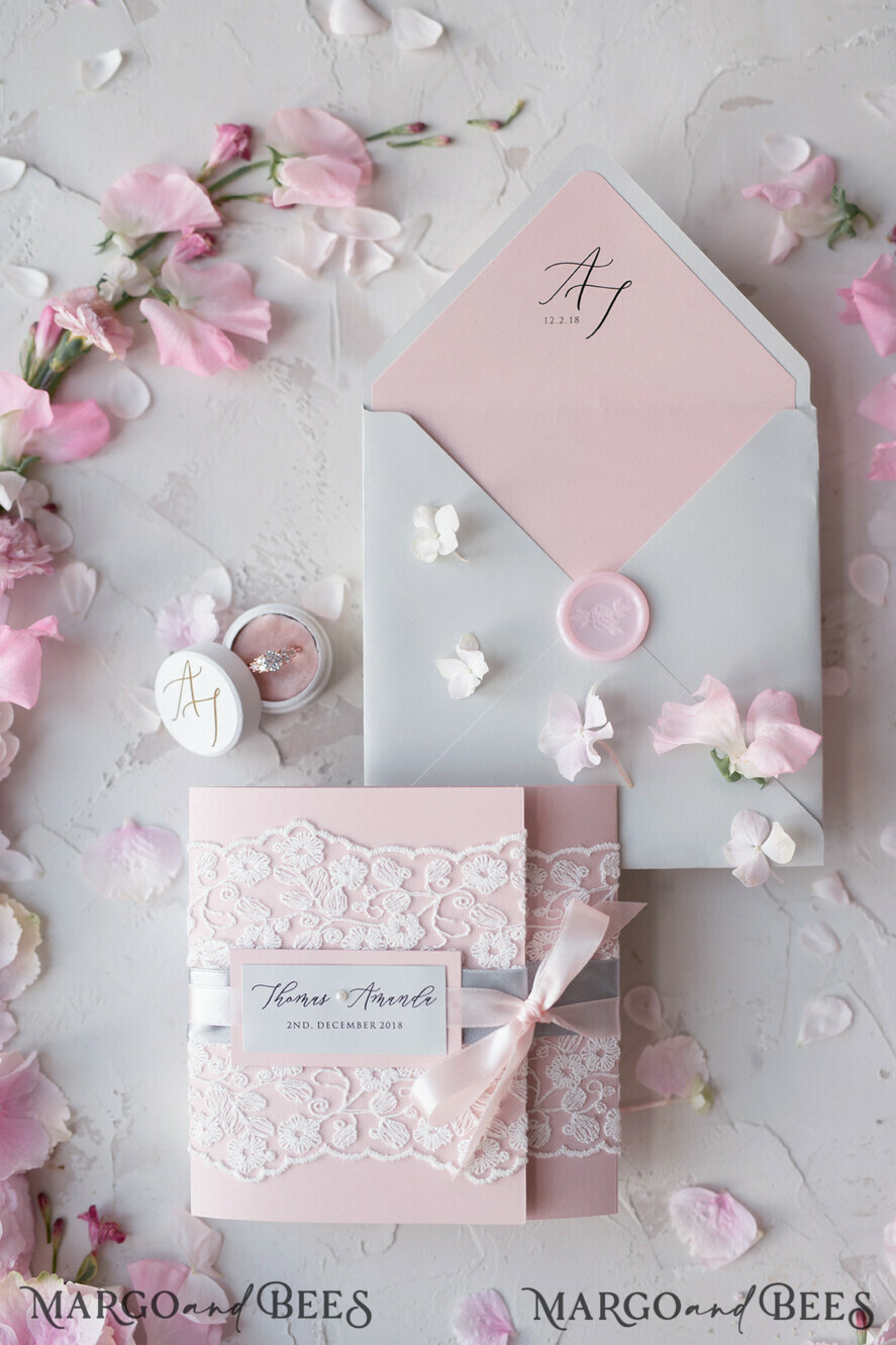 WEDDING INVITATIONS vintage lace/ rustic lace Vintage Lace Wedding Invitations Elegant Invites Grey and Blush Pink