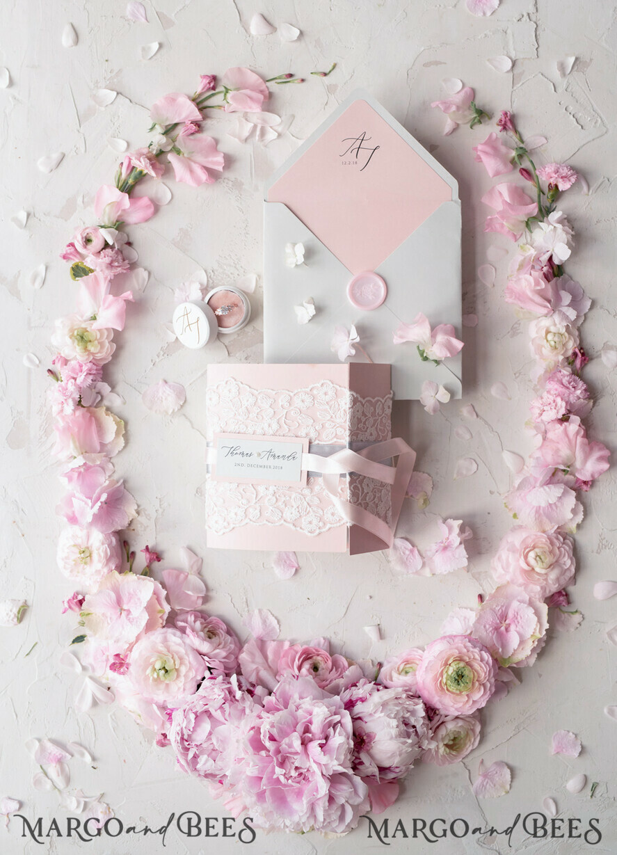 WEDDING INVITATIONS vintage lace/ rustic lace Vintage Lace Wedding Invitations Elegant Invites Grey and Blush Pink