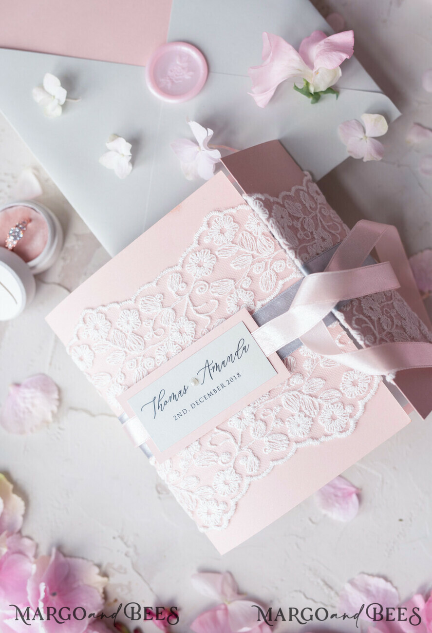WEDDING INVITATIONS vintage lace/ rustic lace Vintage Lace Wedding Invitations Elegant Invites Grey and Blush Pink