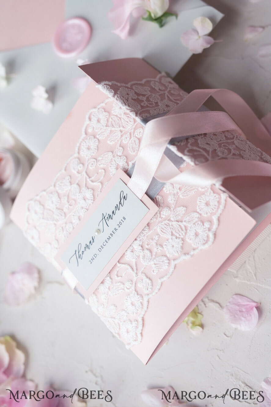 WEDDING INVITATIONS vintage lace/ rustic lace Vintage Lace Wedding Invitations Elegant Invites Grey and Blush Pink