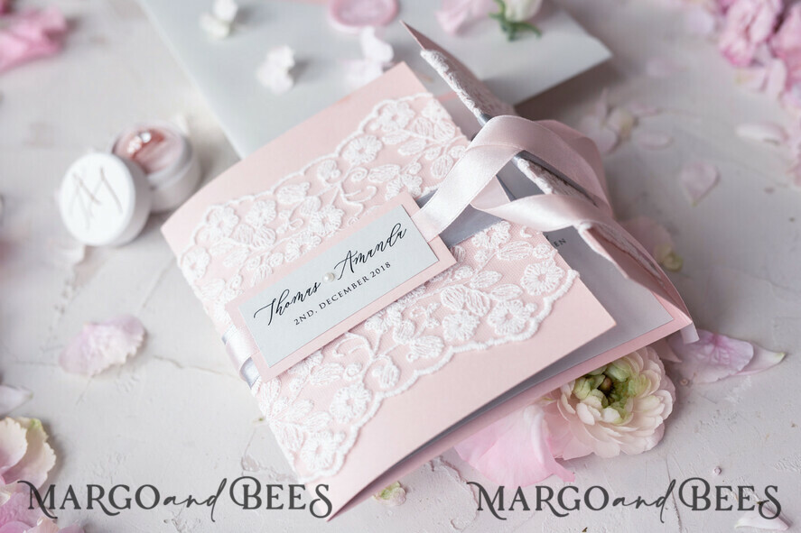 WEDDING INVITATIONS vintage lace/ rustic lace Vintage Lace Wedding Invitations Elegant Invites Grey and Blush Pink