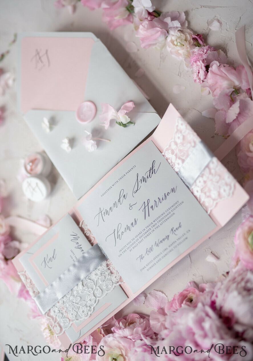 WEDDING INVITATIONS vintage lace/ rustic lace Vintage Lace Wedding Invitations Elegant Invites Grey and Blush Pink