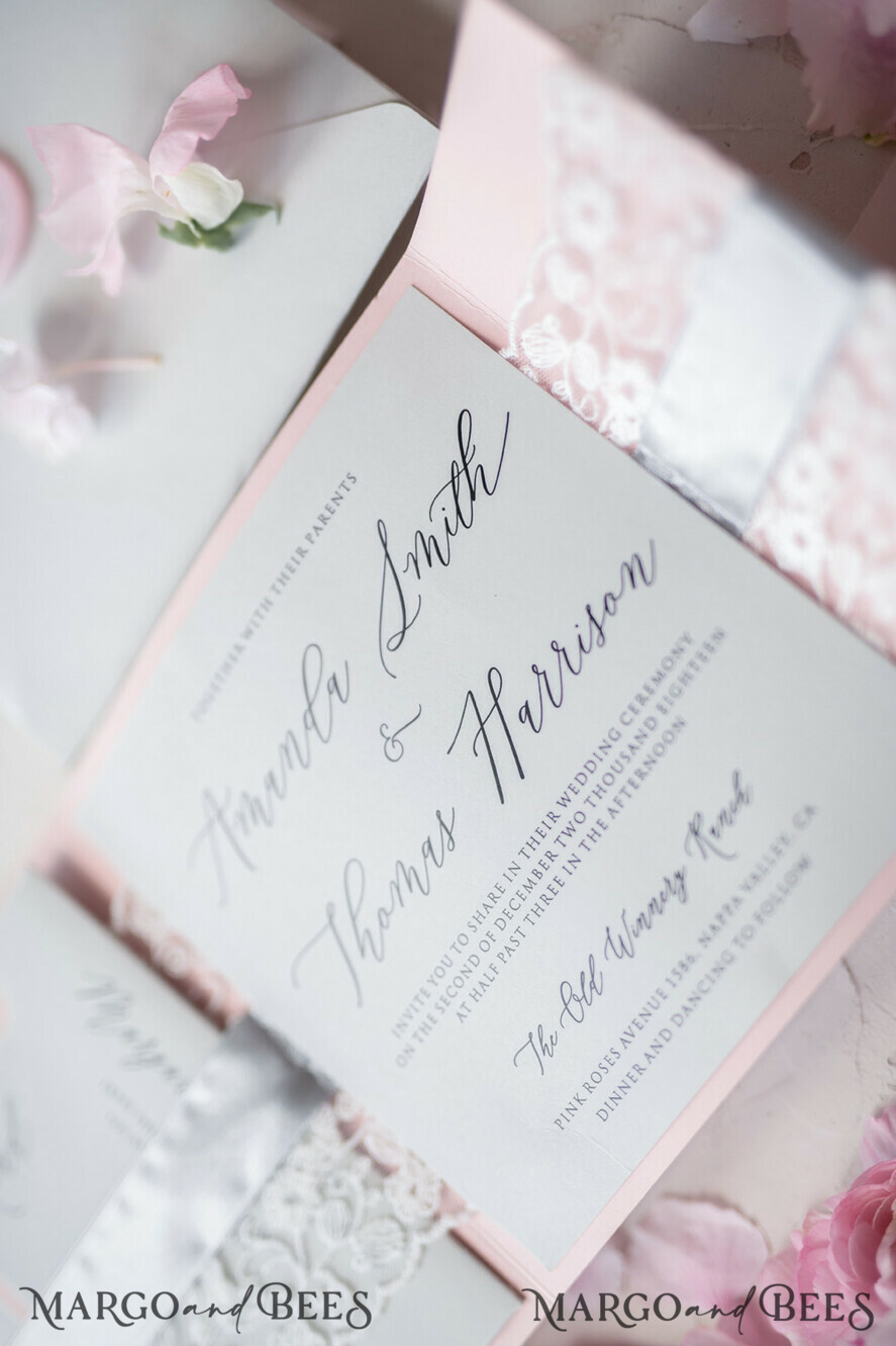 WEDDING INVITATIONS vintage lace/ rustic lace Vintage Lace Wedding Invitations Elegant Invites Grey and Blush Pink