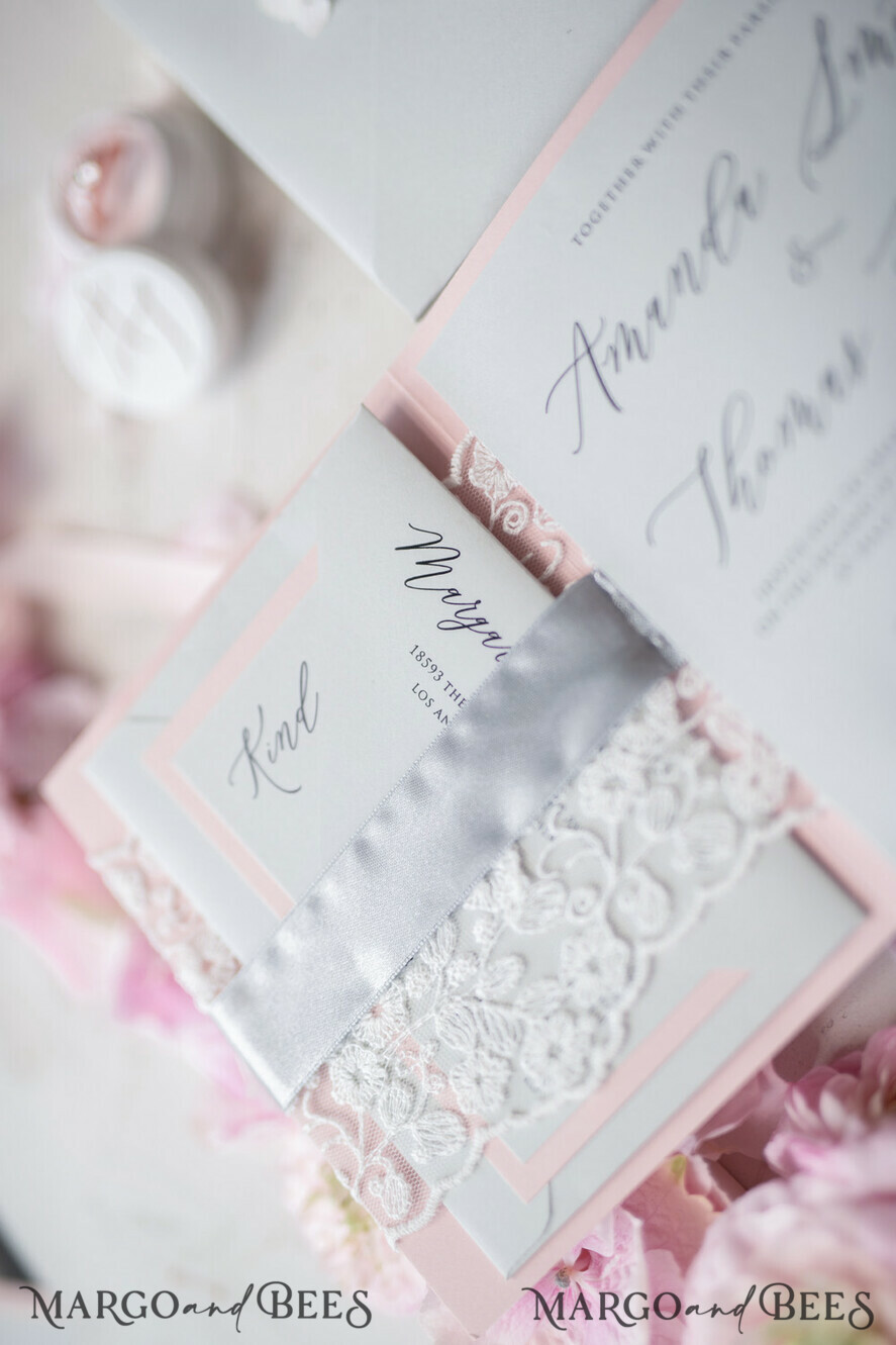 WEDDING INVITATIONS vintage lace/ rustic lace Vintage Lace Wedding Invitations Elegant Invites Grey and Blush Pink