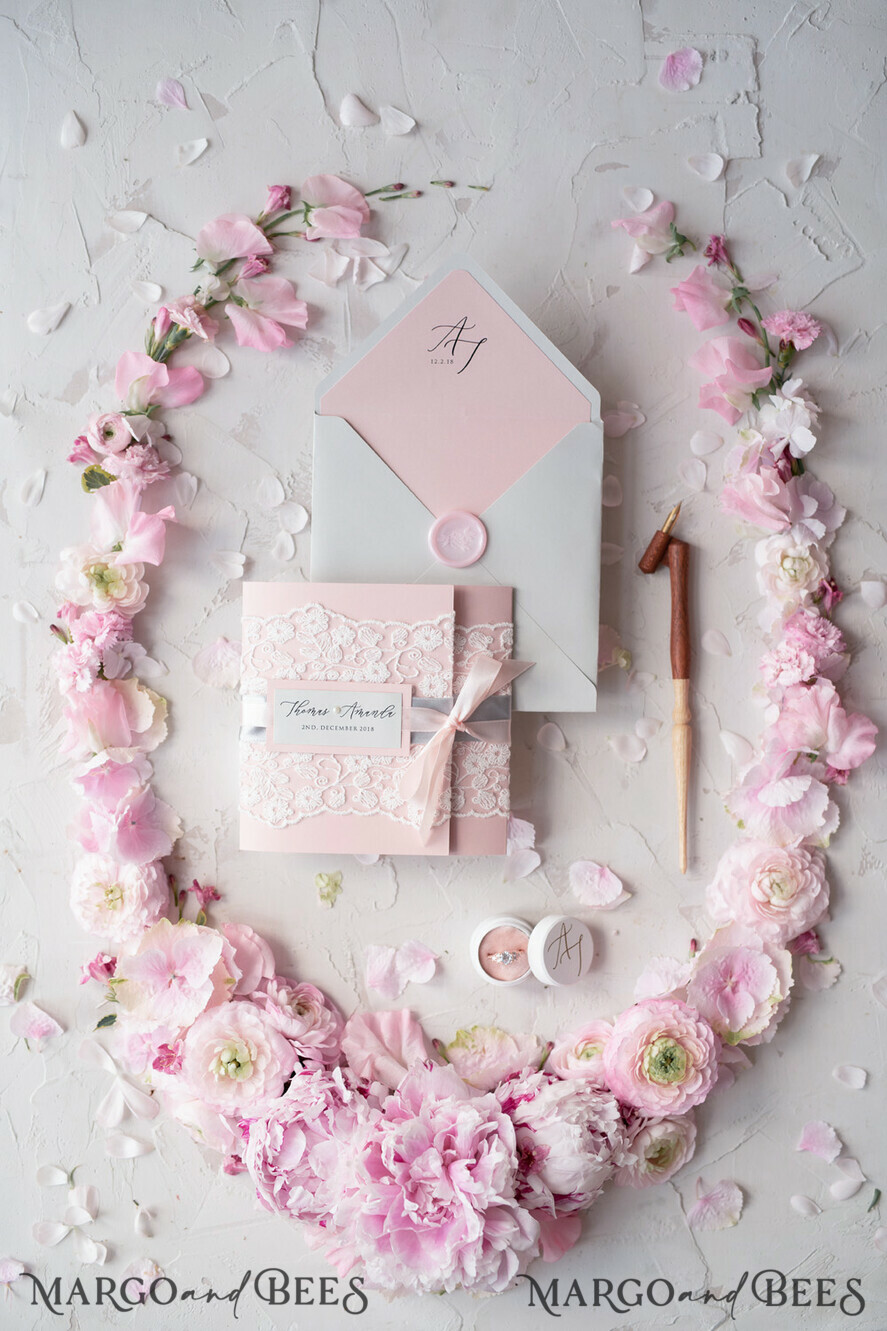 WEDDING INVITATIONS vintage lace/ rustic lace Vintage Lace Wedding Invitations Elegant Invites Grey and Blush Pink