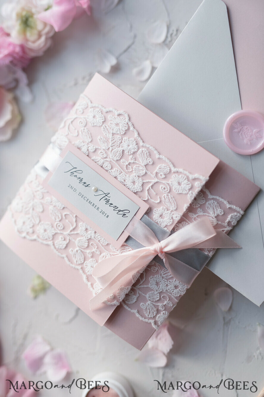 WEDDING INVITATIONS vintage lace/ rustic lace Vintage Lace Wedding Invitations Elegant Invites Grey and Blush Pink