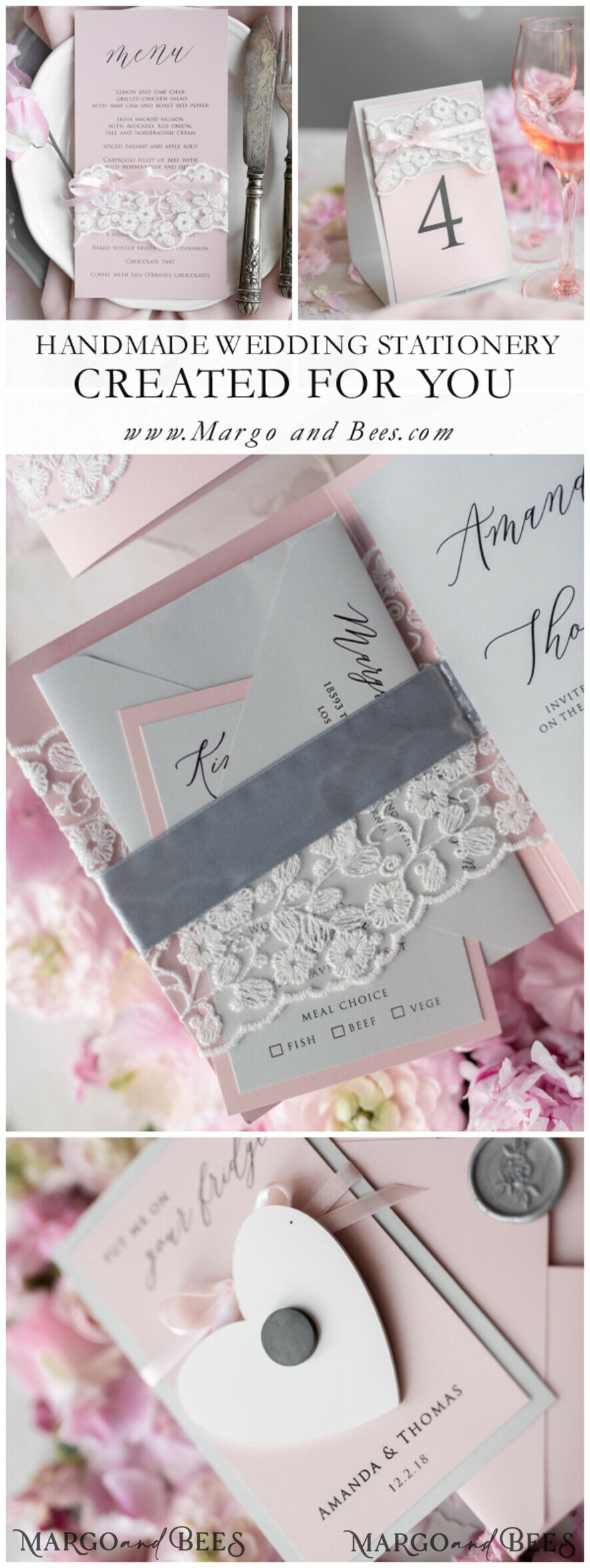 WEDDING INVITATIONS vintage lace/ rustic lace Vintage Lace Wedding Invitations Elegant Invites Grey and Blush Pink