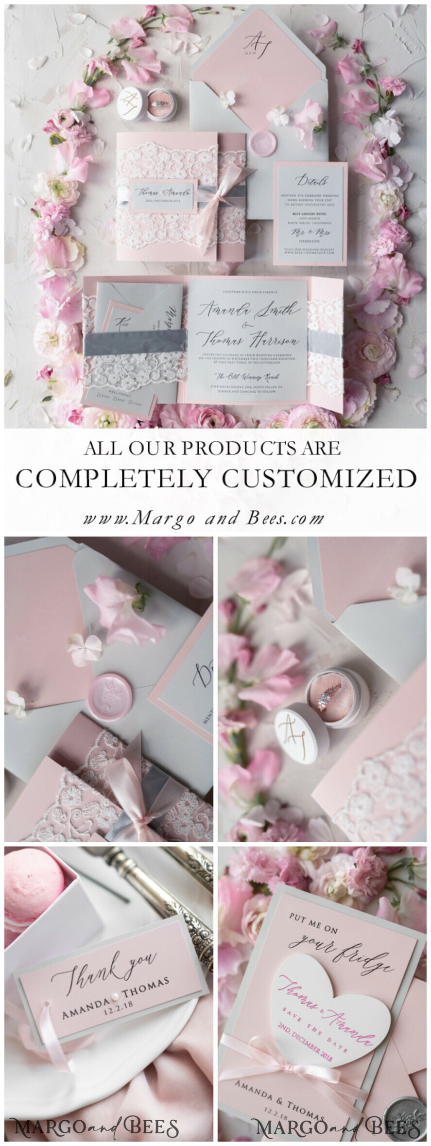 WEDDING INVITATIONS vintage lace/ rustic lace Vintage Lace Wedding Invitations Elegant Invites Grey and Blush Pink