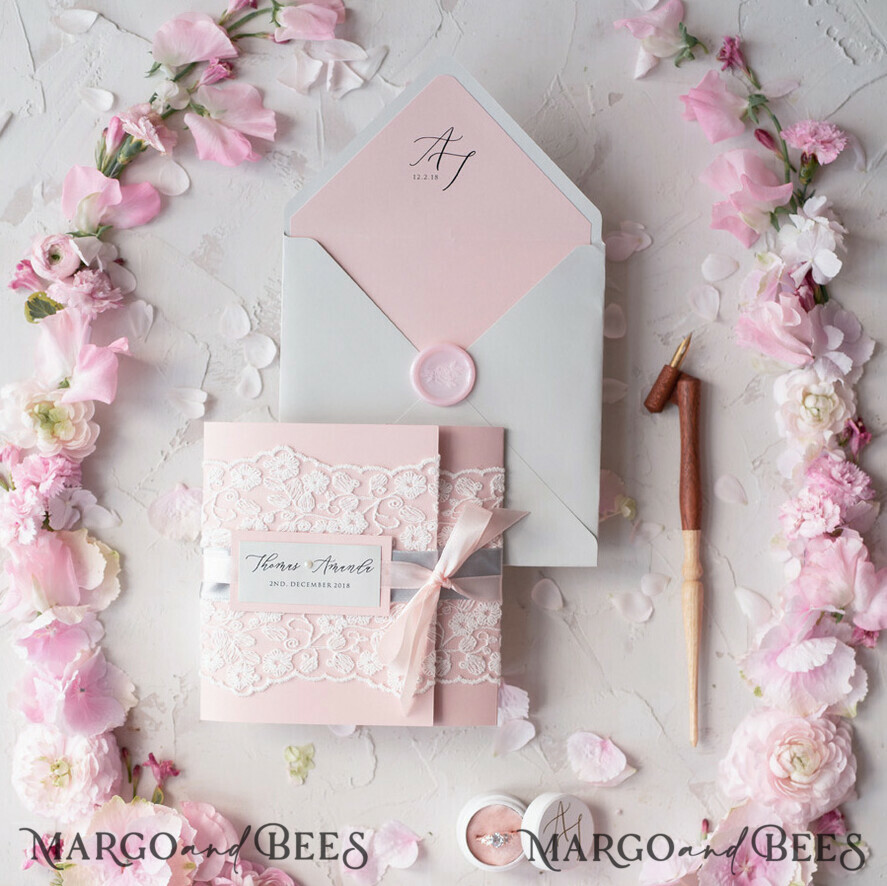 WEDDING INVITATIONS vintage lace/ rustic lace Vintage Lace Wedding Invitations Elegant Invites Grey and Blush Pink