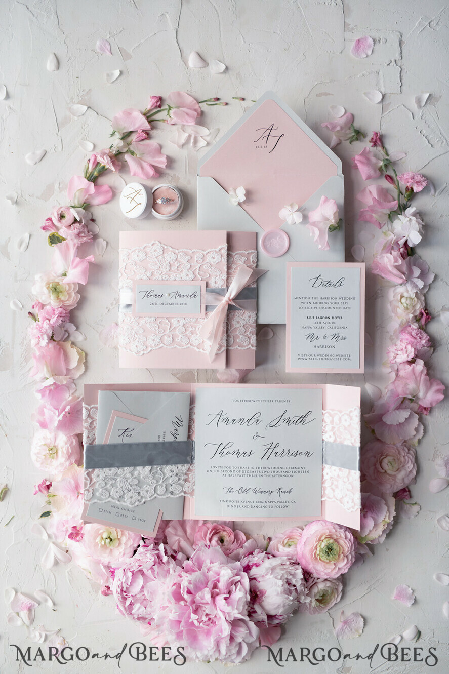 WEDDING INVITATIONS vintage lace/ rustic lace Vintage Lace Wedding Invitations Elegant Invites Grey and Blush Pink