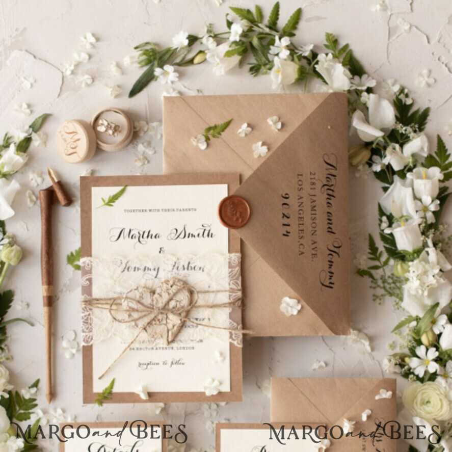 WEDDING INVITATIONS vintage lace/ rustic lace Rustic Lace Wedding Invitations Eco Romantic Presonalized Invites Handcrafted with natural Heart