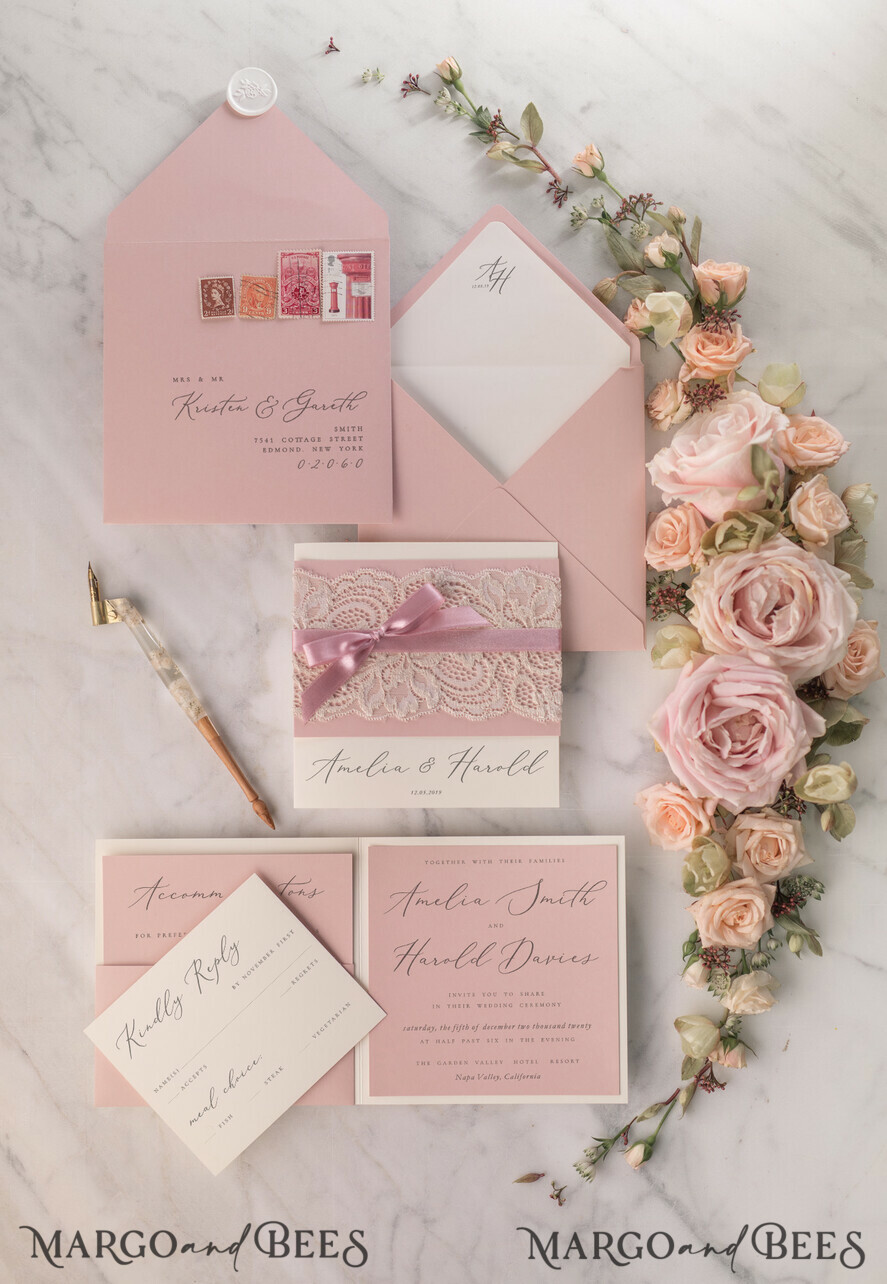 WEDDING INVITATIONS vintage lace/ rustic lace Elegant Lace Wedding Invitations Personalised Stationery Ivory and Blush Pink