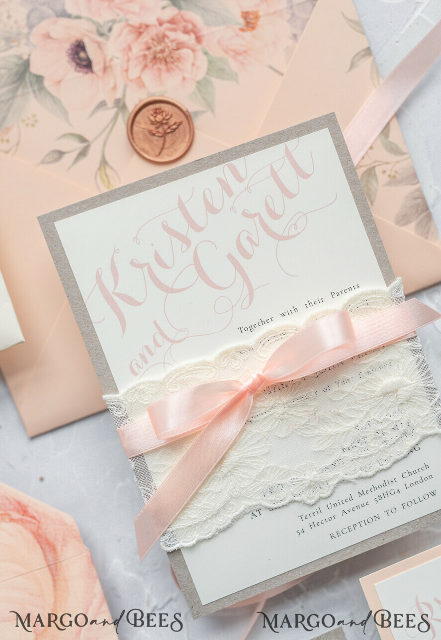 WEDDING INVITATIONS vintage lace/ rustic lace Rustic Wedding Invitations Eco Romantic Presonalized Invites Peach Floral with Ivory Lace