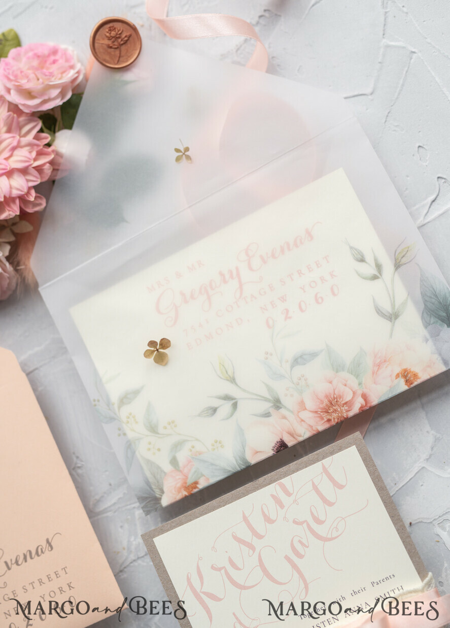WEDDING INVITATIONS vintage lace/ rustic lace Rustic Wedding Invitations Eco Romantic Presonalized Invites Peach Floral with Ivory Lace
