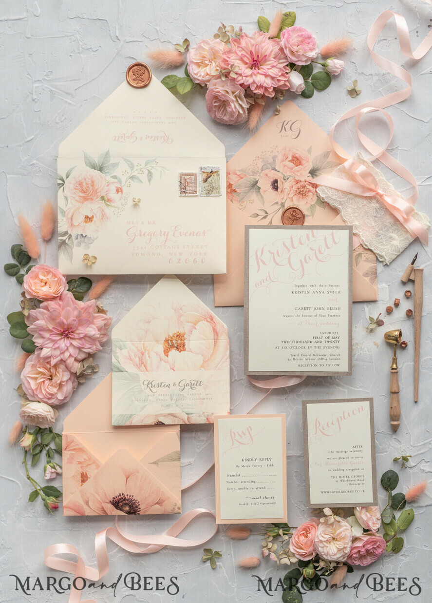WEDDING INVITATIONS vintage lace/ rustic lace Rustic Wedding Invitations Eco Romantic Presonalized Invites Peach Floral with Ivory Lace