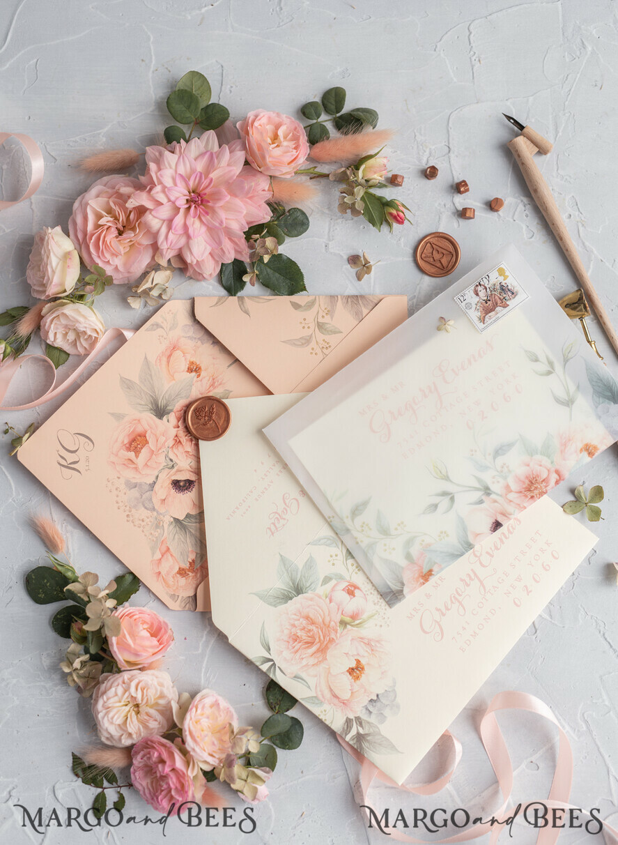WEDDING INVITATIONS vintage lace/ rustic lace Rustic Wedding Invitations Eco Romantic Presonalized Invites Peach Floral with Ivory Lace