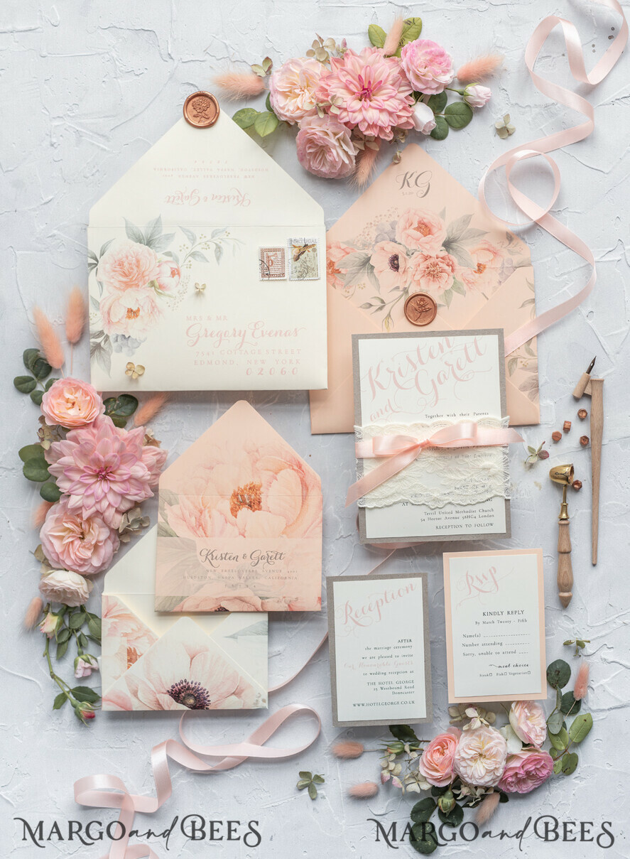 WEDDING INVITATIONS vintage lace/ rustic lace Rustic Wedding Invitations Eco Romantic Presonalized Invites Peach Floral with Ivory Lace