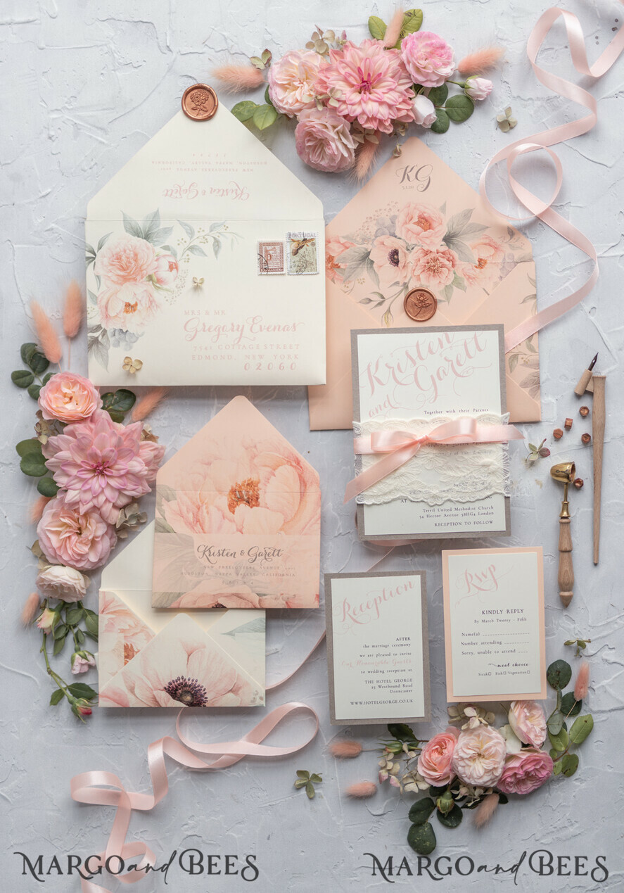 WEDDING INVITATIONS vintage lace/ rustic lace Rustic Wedding Invitations Eco Romantic Presonalized Invites Peach Floral with Ivory Lace