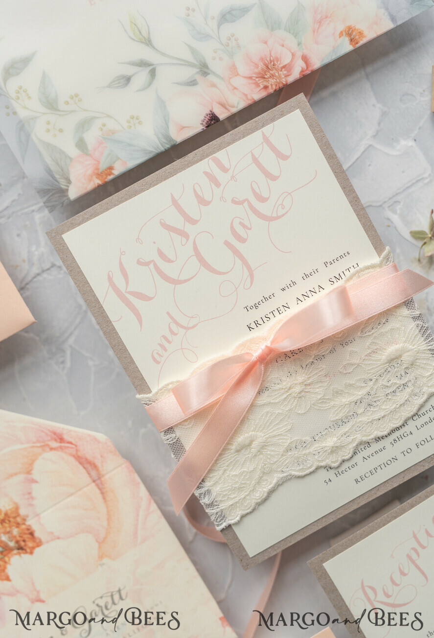 WEDDING INVITATIONS vintage lace/ rustic lace Rustic Wedding Invitations Eco Romantic Presonalized Invites Peach Floral with Ivory Lace