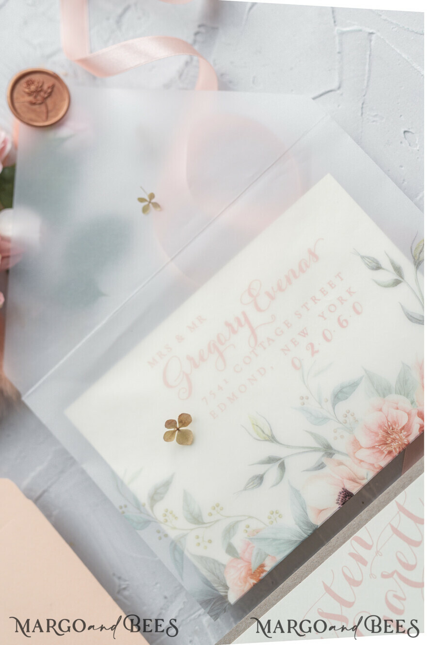 WEDDING INVITATIONS vintage lace/ rustic lace Rustic Wedding Invitations Eco Romantic Presonalized Invites Peach Floral with Ivory Lace
