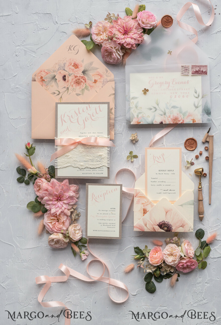 WEDDING INVITATIONS vintage lace/ rustic lace Rustic Wedding Invitations Eco Romantic Presonalized Invites Peach Floral with Ivory Lace