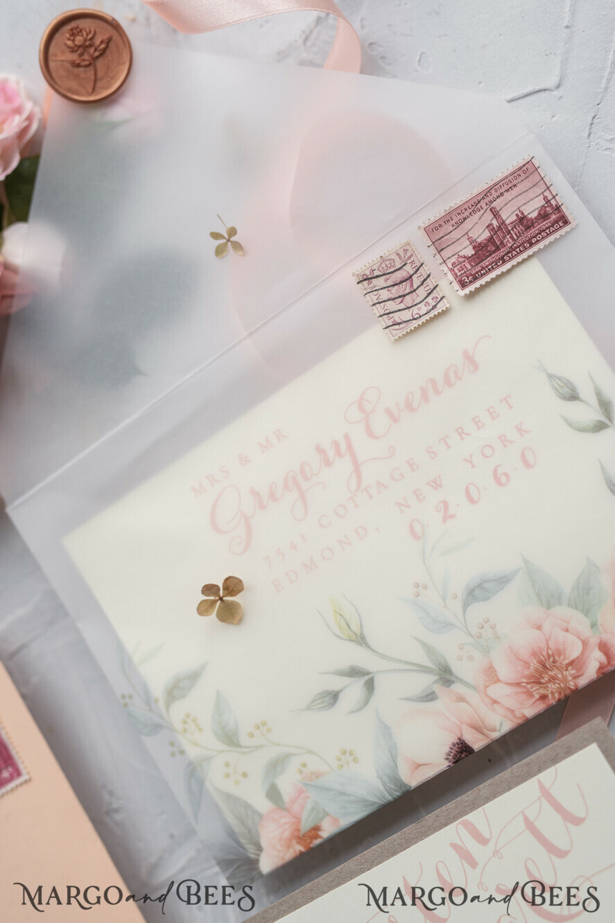 WEDDING INVITATIONS vintage lace/ rustic lace Rustic Wedding Invitations Eco Romantic Presonalized Invites Peach Floral with Ivory Lace