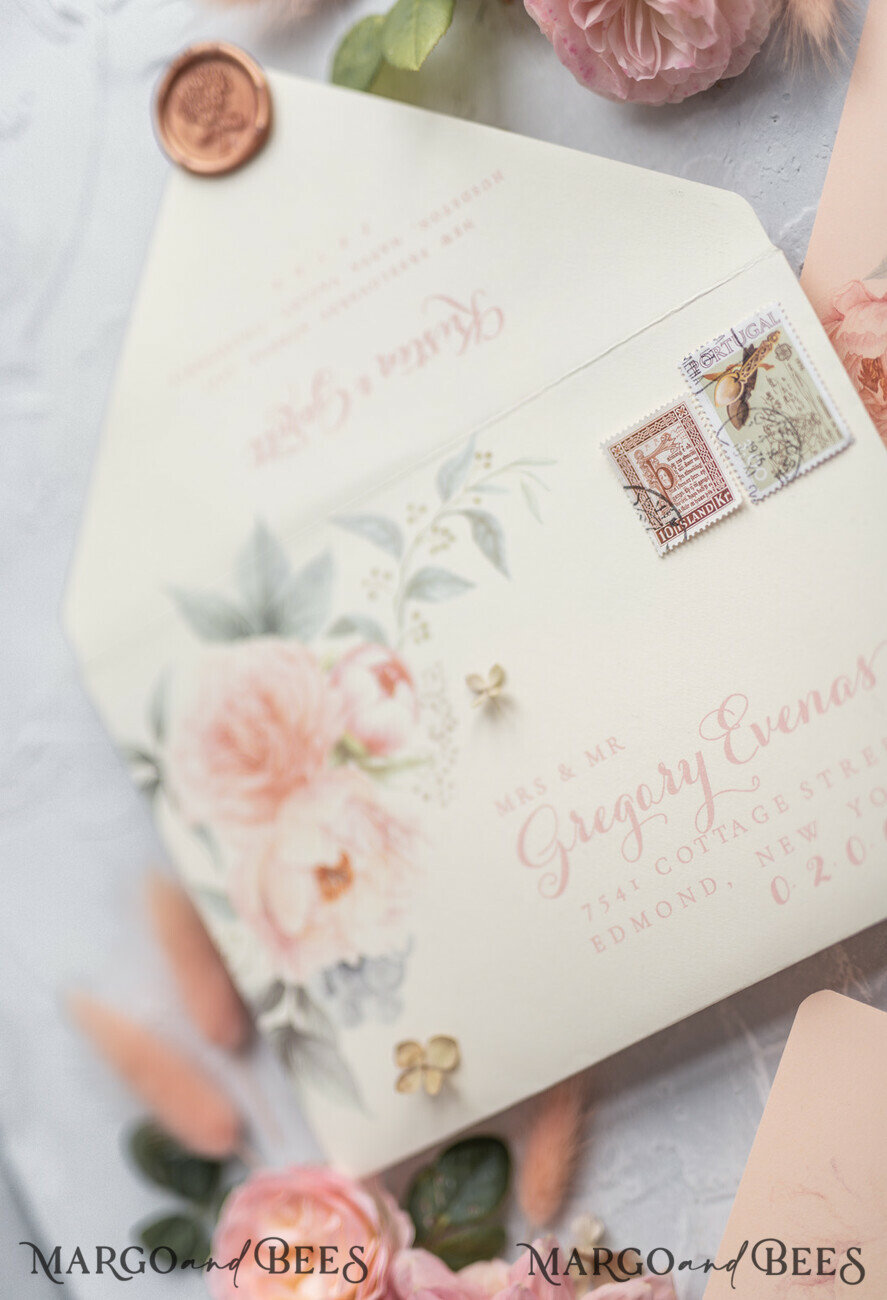 WEDDING INVITATIONS vintage lace/ rustic lace Rustic Wedding Invitations Eco Romantic Presonalized Invites Peach Floral with Ivory Lace