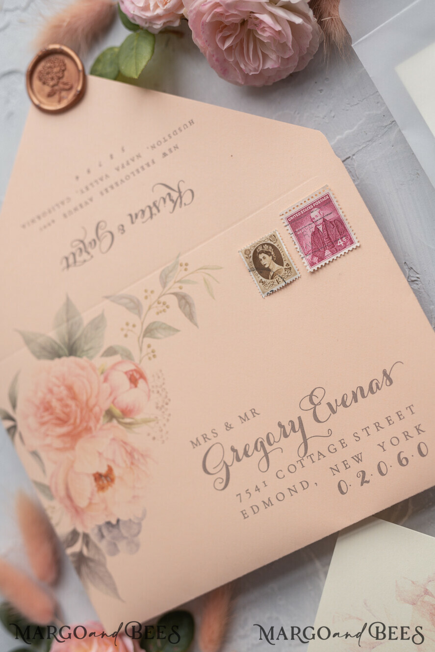 WEDDING INVITATIONS vintage lace/ rustic lace Rustic Wedding Invitations Eco Romantic Presonalized Invites Peach Floral with Ivory Lace