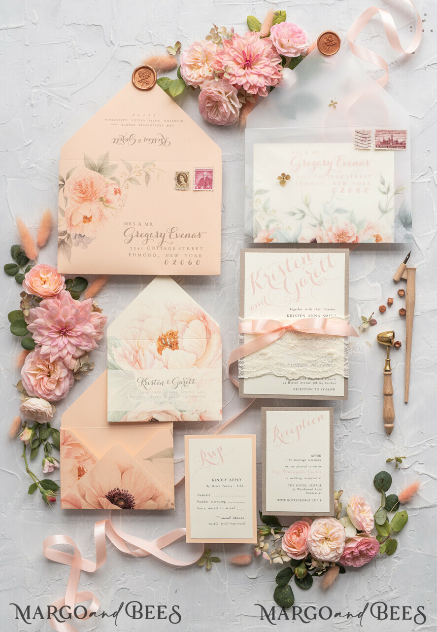 WEDDING INVITATIONS vintage lace/ rustic lace Rustic Wedding Invitations Eco Romantic Presonalized Invites Peach Floral with Ivory Lace