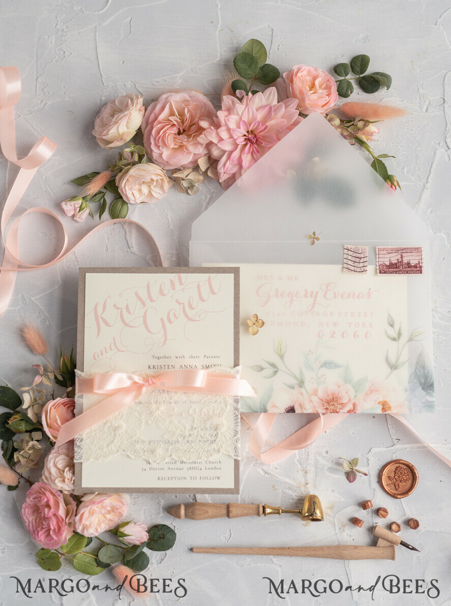WEDDING INVITATIONS vintage lace/ rustic lace Rustic Wedding Invitations Eco Romantic Presonalized Invites Peach Floral with Ivory Lace