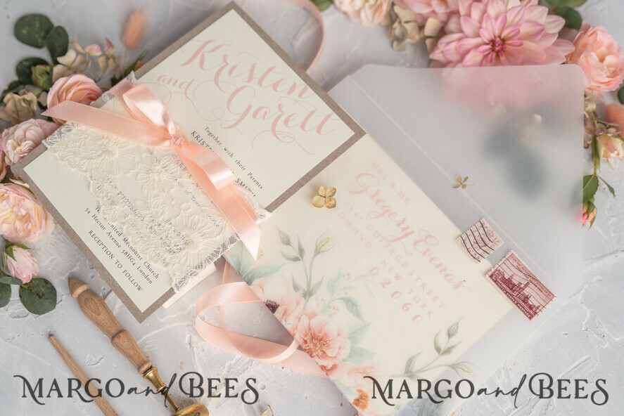 WEDDING INVITATIONS vintage lace/ rustic lace Rustic Wedding Invitations Eco Romantic Presonalized Invites Peach Floral with Ivory Lace