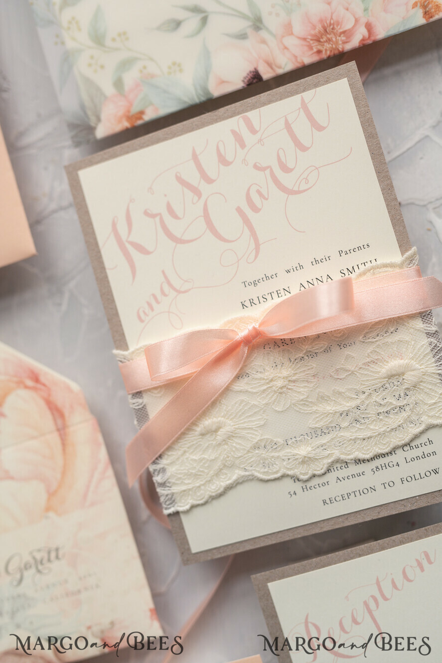 WEDDING INVITATIONS vintage lace/ rustic lace Rustic Wedding Invitations Eco Romantic Presonalized Invites Peach Floral with Ivory Lace