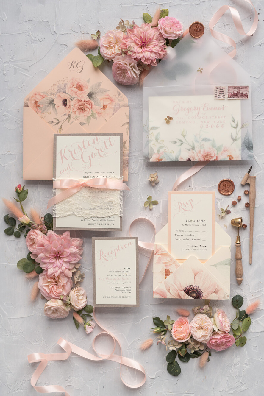 WEDDING INVITATIONS vintage lace/ rustic lace Rustic Wedding Invitations Eco Romantic Presonalized Invites Peach Floral with Ivory Lace