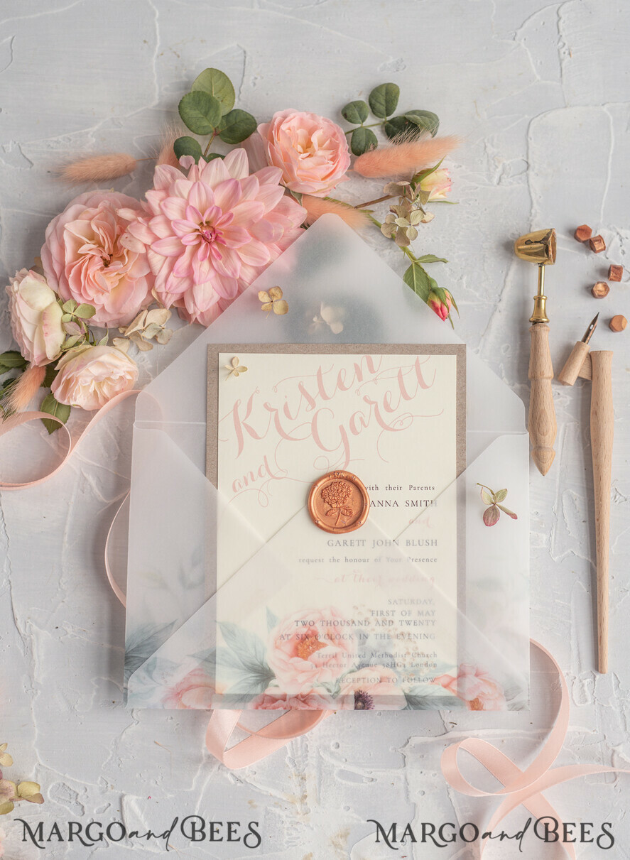 WEDDING INVITATIONS vintage lace/ rustic lace Rustic Wedding Invitations Eco Romantic Presonalized Invites Peach Floral with Ivory Lace