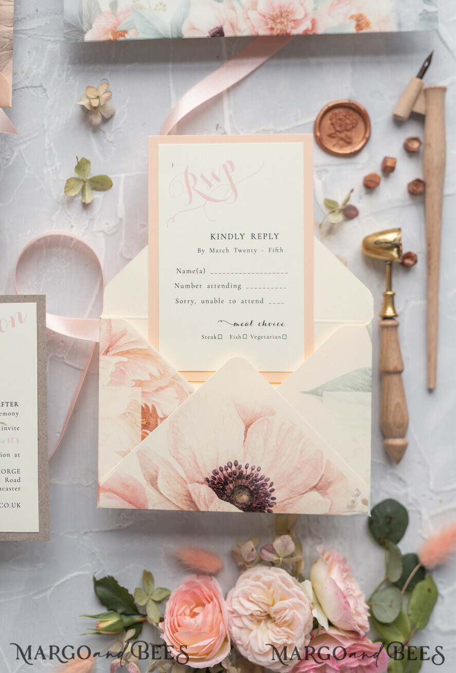 WEDDING INVITATIONS vintage lace/ rustic lace Rustic Wedding Invitations Eco Romantic Presonalized Invites Peach Floral with Ivory Lace