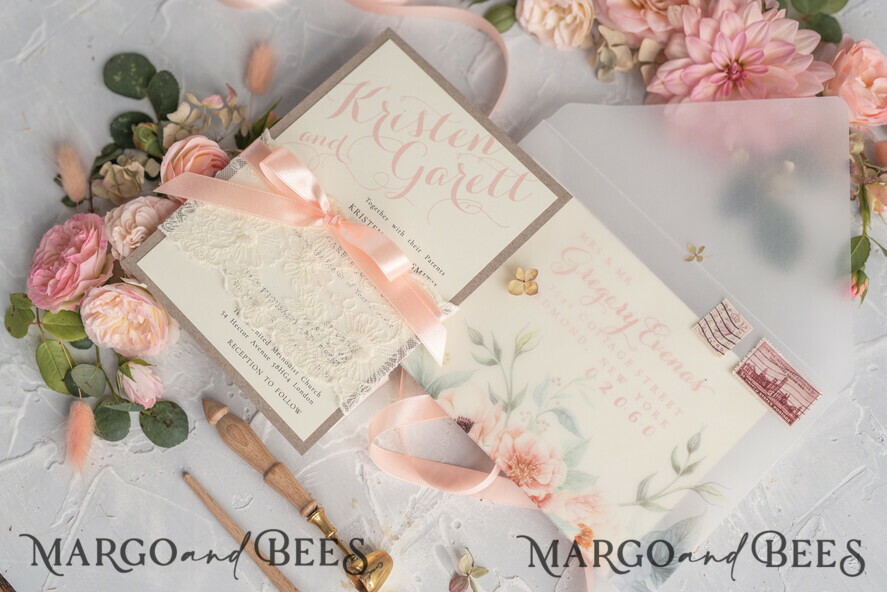 WEDDING INVITATIONS vintage lace/ rustic lace Rustic Wedding Invitations Eco Romantic Presonalized Invites Peach Floral with Ivory Lace