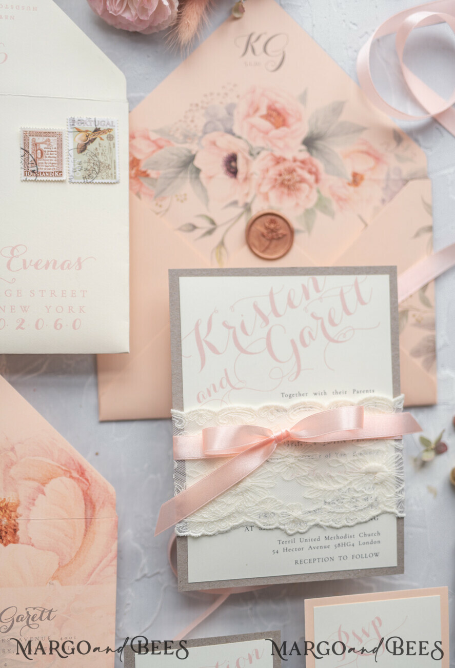 WEDDING INVITATIONS vintage lace/ rustic lace Rustic Wedding Invitations Eco Romantic Presonalized Invites Peach Floral with Ivory Lace