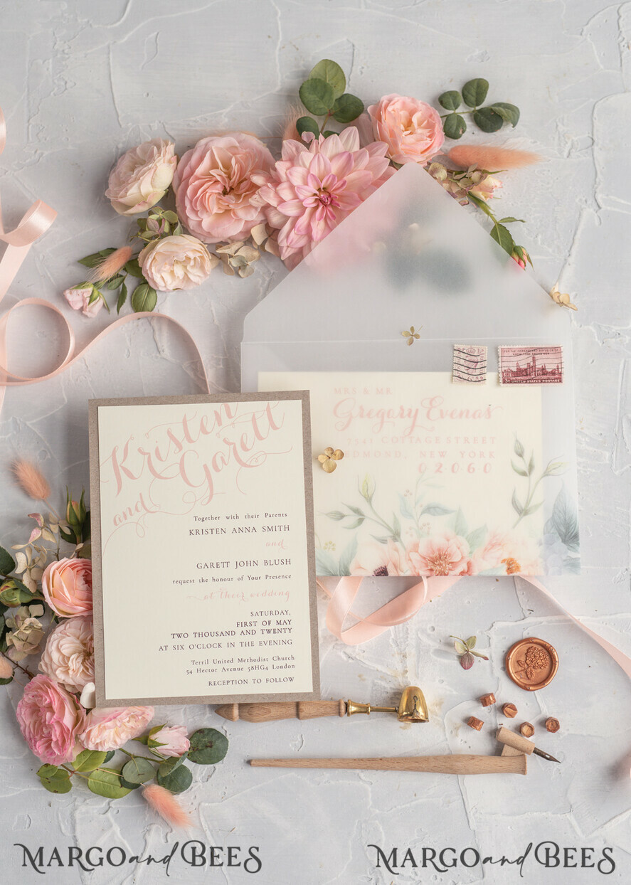 WEDDING INVITATIONS vintage lace/ rustic lace Rustic Wedding Invitations Eco Romantic Presonalized Invites Peach Floral with Ivory Lace