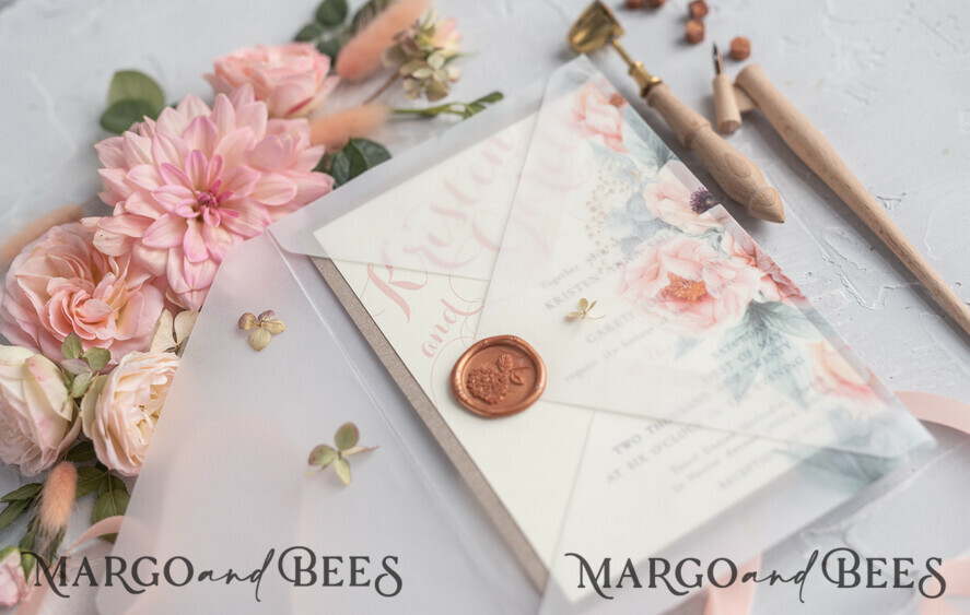 WEDDING INVITATIONS vintage lace/ rustic lace Rustic Wedding Invitations Eco Romantic Presonalized Invites Peach Floral with Ivory Lace
