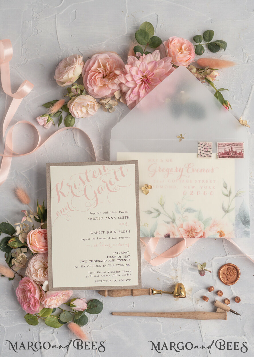WEDDING INVITATIONS vintage lace/ rustic lace Rustic Wedding Invitations Eco Romantic Presonalized Invites Peach Floral with Ivory Lace