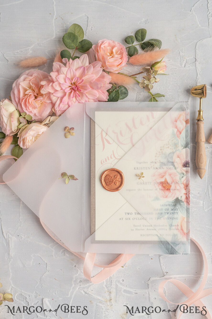 WEDDING INVITATIONS vintage lace/ rustic lace Rustic Wedding Invitations Eco Romantic Presonalized Invites Peach Floral with Ivory Lace