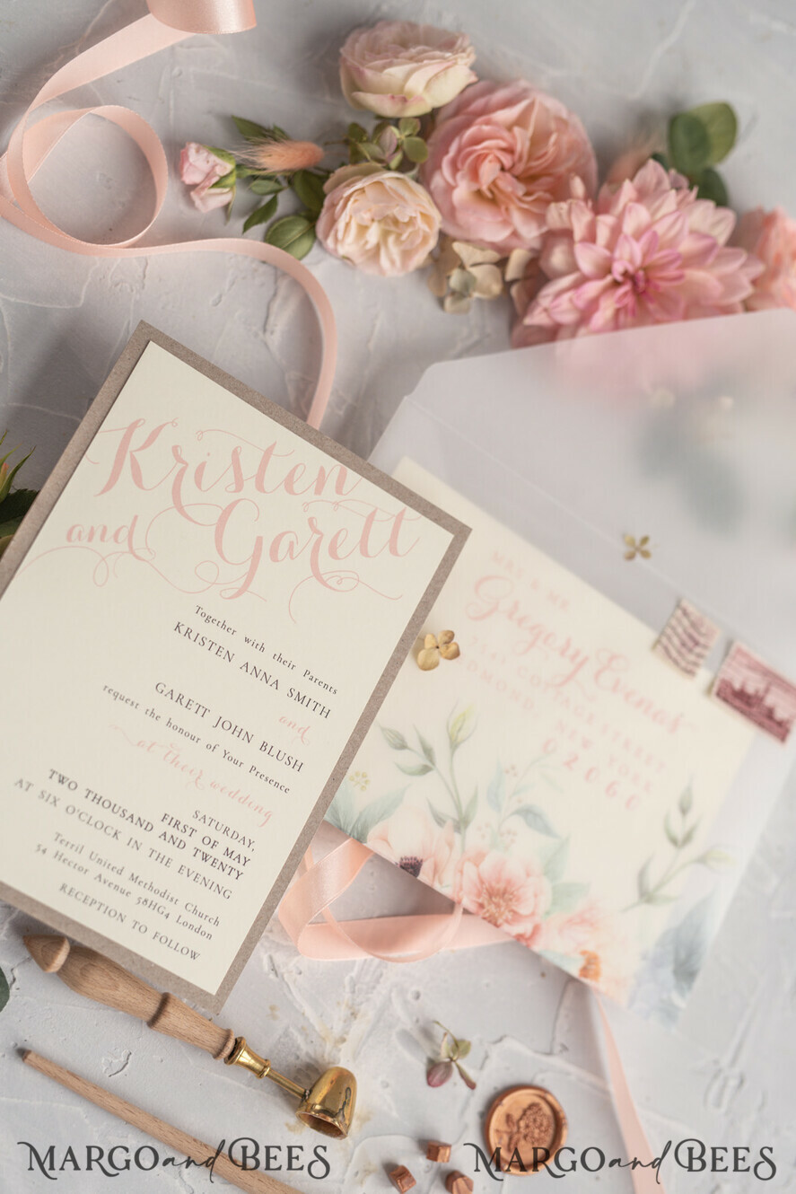 WEDDING INVITATIONS vintage lace/ rustic lace Rustic Wedding Invitations Eco Romantic Presonalized Invites Peach Floral with Ivory Lace