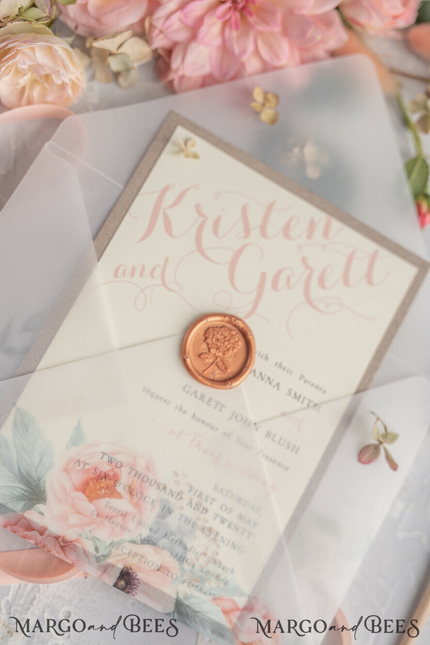 WEDDING INVITATIONS vintage lace/ rustic lace Rustic Wedding Invitations Eco Romantic Presonalized Invites Peach Floral with Ivory Lace