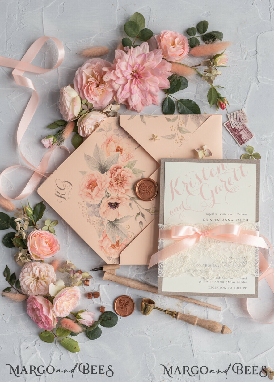 WEDDING INVITATIONS vintage lace/ rustic lace Rustic Wedding Invitations Eco Romantic Presonalized Invites Peach Floral with Ivory Lace