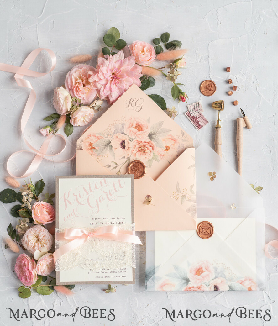 WEDDING INVITATIONS vintage lace/ rustic lace Rustic Wedding Invitations Eco Romantic Presonalized Invites Peach Floral with Ivory Lace