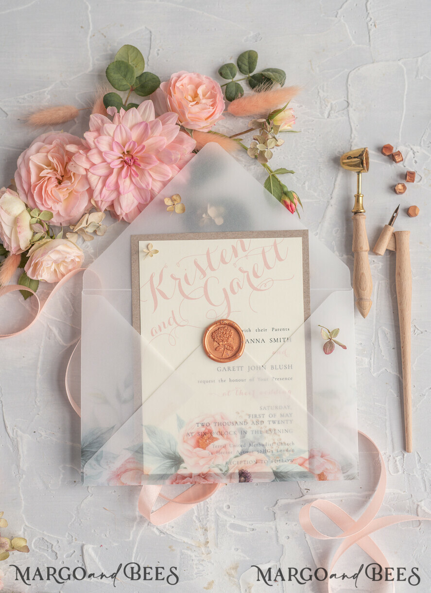 WEDDING INVITATIONS vintage lace/ rustic lace Rustic Wedding Invitations Eco Romantic Presonalized Invites Peach Floral with Ivory Lace