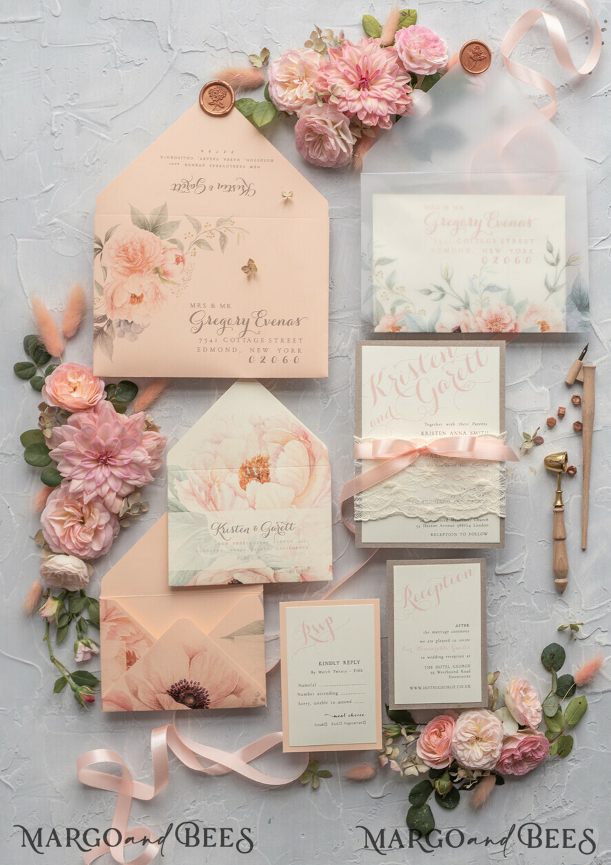 WEDDING INVITATIONS vintage lace/ rustic lace Rustic Wedding Invitations Eco Romantic Presonalized Invites Peach Floral with Ivory Lace