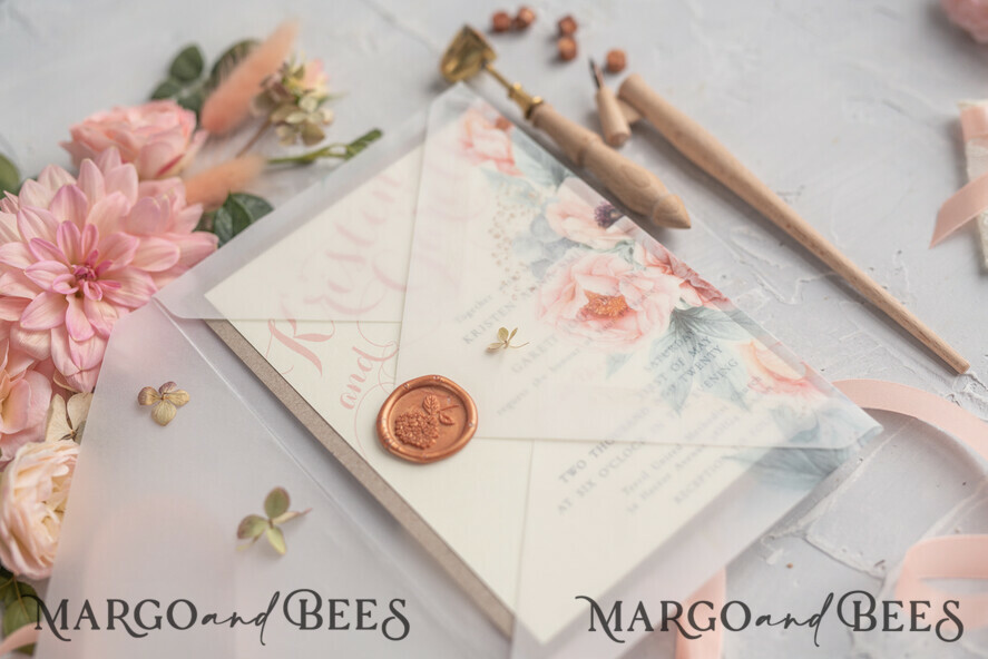 WEDDING INVITATIONS vintage lace/ rustic lace Rustic Wedding Invitations Eco Romantic Presonalized Invites Peach Floral with Ivory Lace